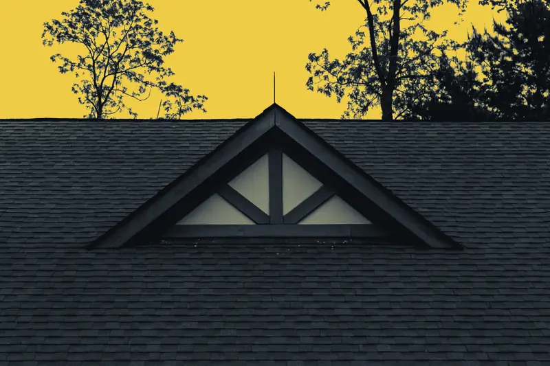 A shingled gable with a roof vent under an overcast sky